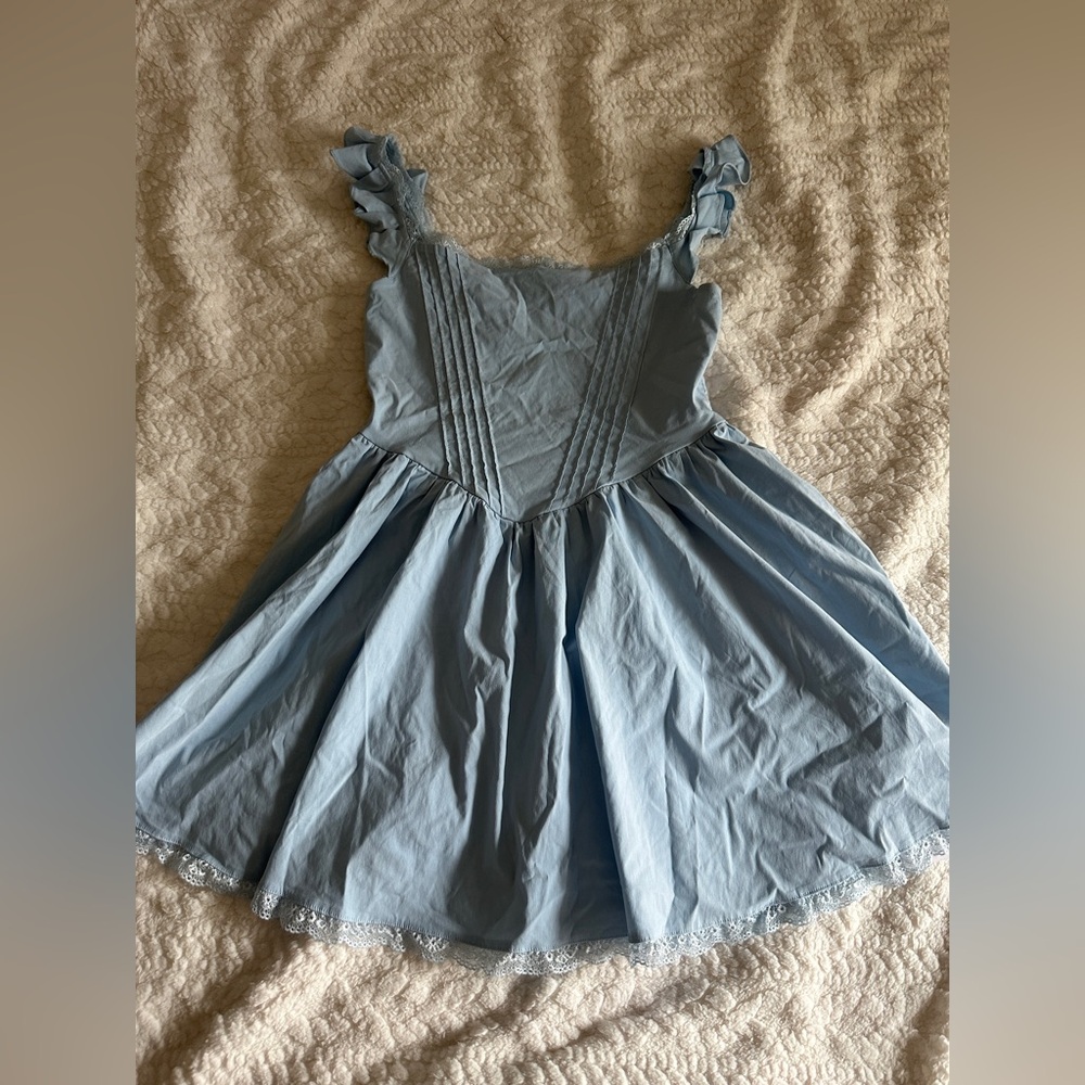 Light blue Square Neck Mini Corset Dress Short Ruffle Sleeve A Line Cute Trendy